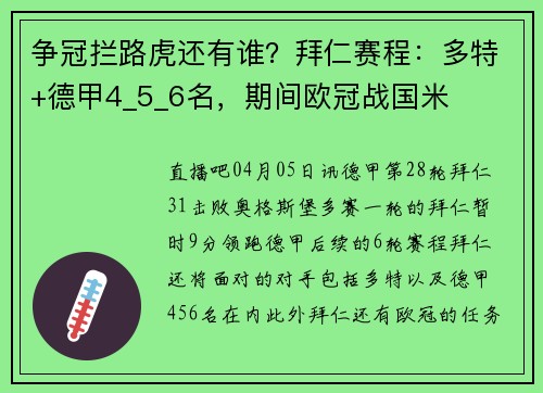 争冠拦路虎还有谁？拜仁赛程：多特+德甲4_5_6名，期间欧冠战国米