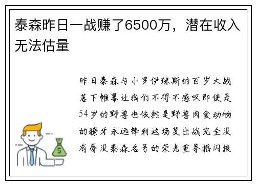 泰森昨日一战赚了6500万，潜在收入无法估量