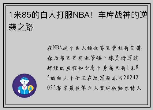 1米85的白人打服NBA！车库战神的逆袭之路