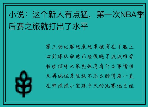 小说：这个新人有点猛，第一次NBA季后赛之旅就打出了水平